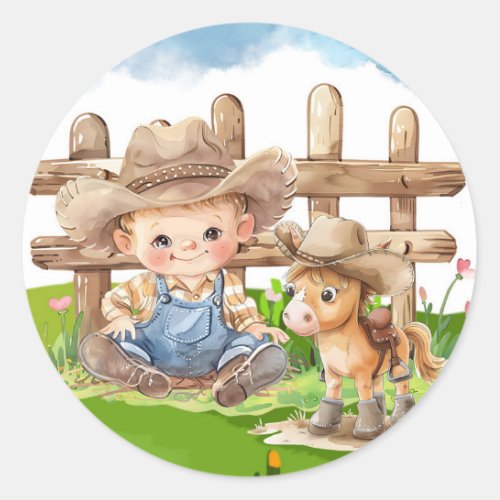 Cowboy and a Pony Horse Boy Baby Shower Classic Round Sticker