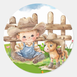 Cowboy and a Pony Horse Boy Baby Shower Classic Round Sticker