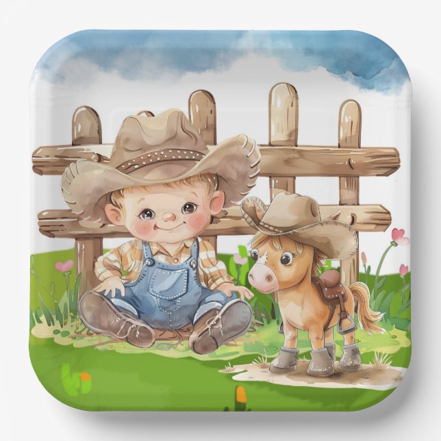 Cowboy and a Pony Horse Boy Baby Shower Paper Plates (Front)