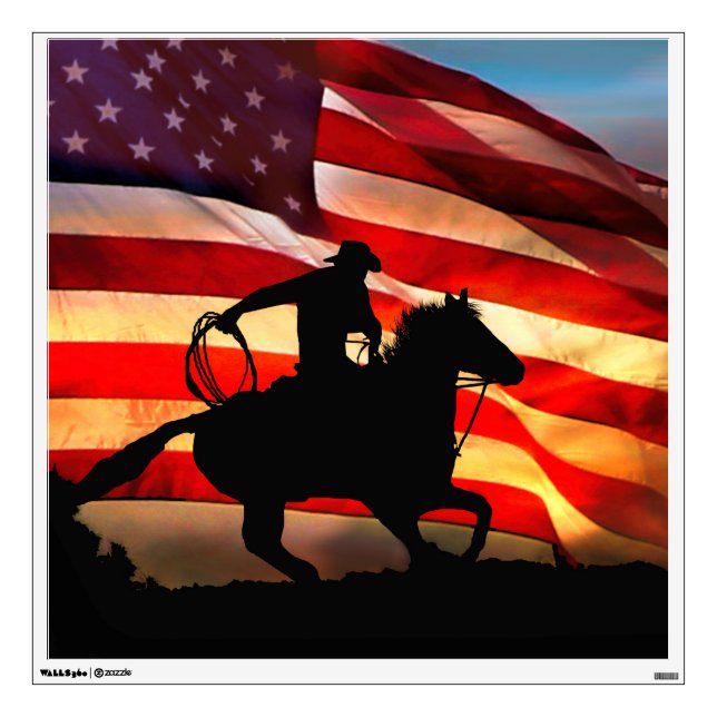 Cowboy and American Flag Art Wall Decal (Front)