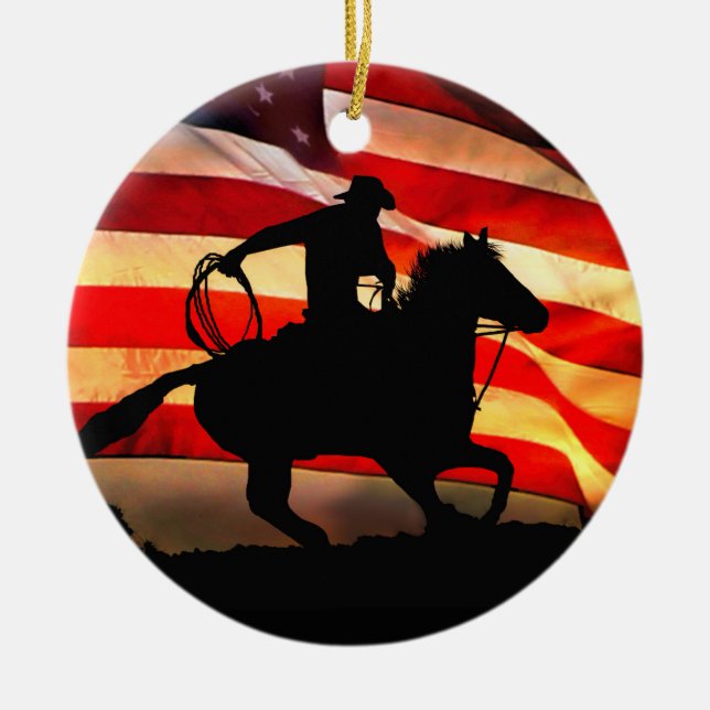 Cowboy and American Flag Christmas Ornamemt Ceramic Ornament (Front)