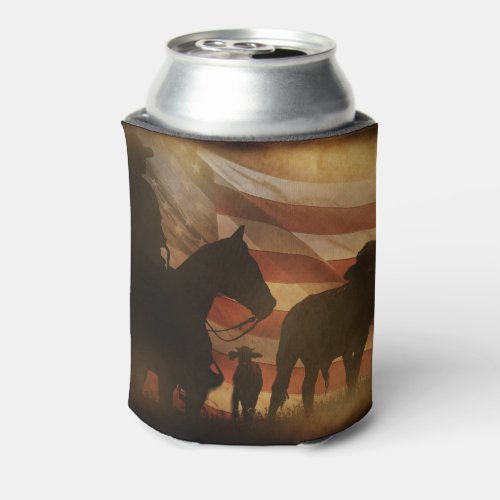 Cowboy and American Flag Distressed Can Cooler