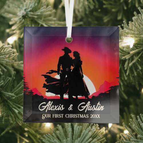 Cowboy and Bride at Sundown First Christmas Glass Ornament