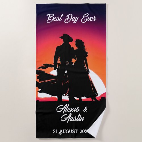 Cowboy and Bride at Sundown Wedding  Beach Towel