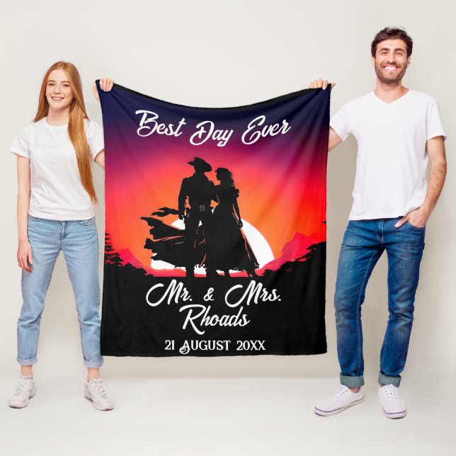 Cowboy and Bride at Sundown Wedding  Fleece Blanket (In Situ)