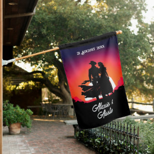 Cowboy and Bride at Sundown Wedding  House Flag