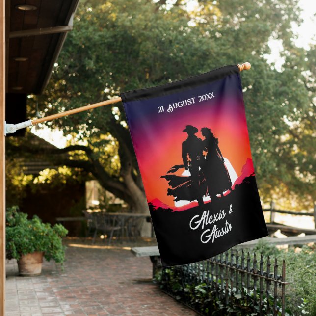 Cowboy and Bride at Sundown Wedding  House Flag (In SItu)
