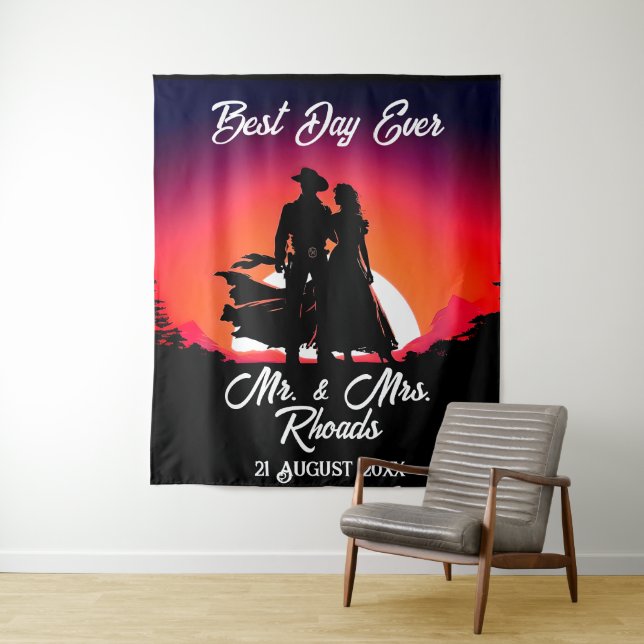 Cowboy and Bride at Sundown Wedding  Tapestry (In Situ)