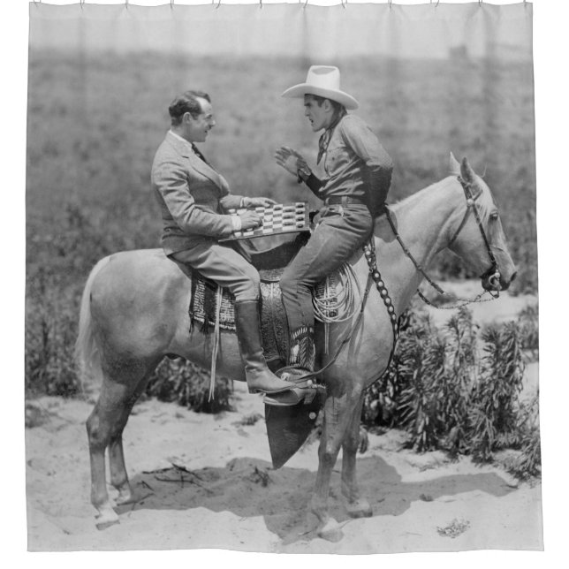 Cowboy and businessman playing checkers on horseba shower curtain (Front)