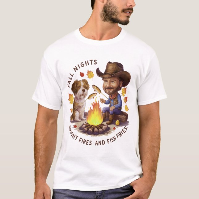 Cowboy and cow dog cooking autumn fish T-Shirt (Front)