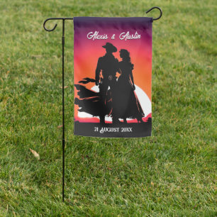Cowboy and Cowgirl at Sundown Wedding Garden Flag