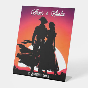Cowboy and Cowgirl at Sundown Wedding Pedestal Sign