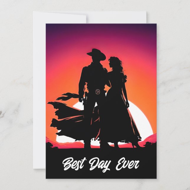Cowboy and Cowgirl Best Day Ever Black Wedding Invitation (Front)