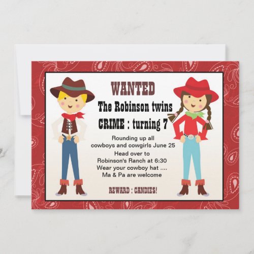 Cowboy and cowgirl birthday invitation