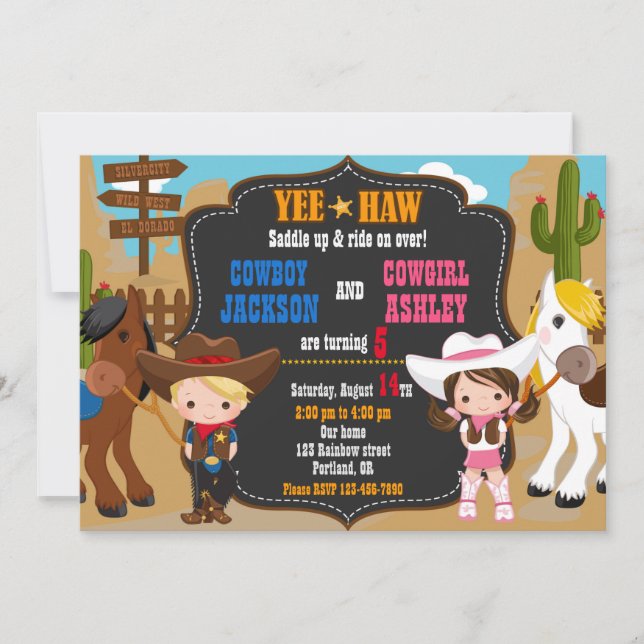 Cowboy and Cowgirl birthday invitation Wild west (Front)