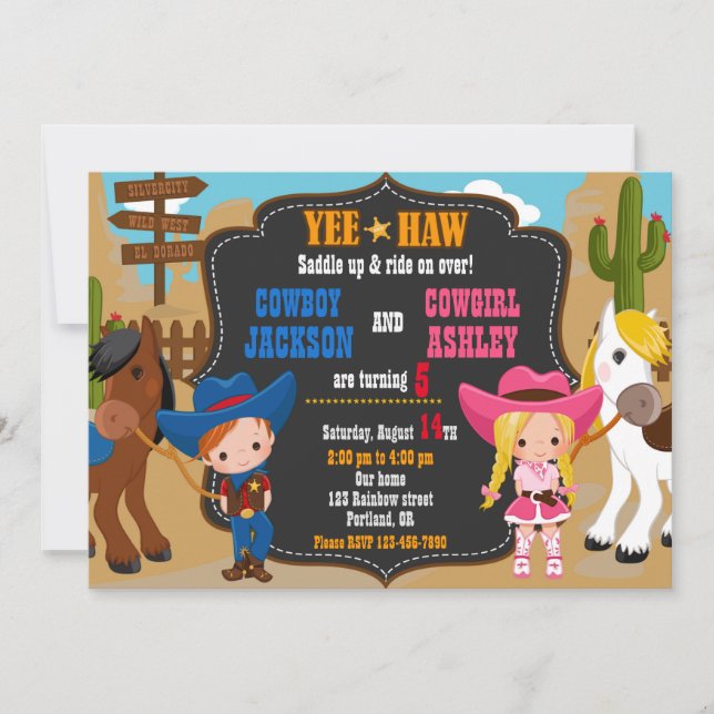 Cowboy and Cowgirl birthday invitation Wild west (Front)