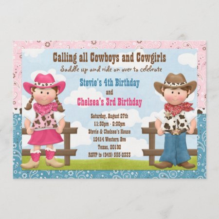 Cowboy And Cowgirl Joint Sibling Birthday Party Invitation