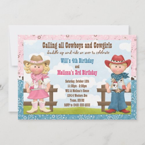 Cowboy and Cowgirl Joint Sibling Birthday Party Invitation