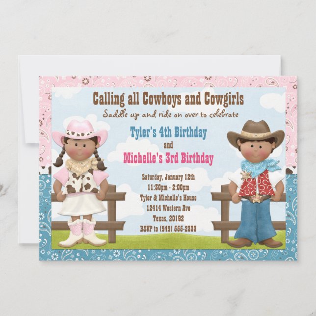 Cowboy and Cowgirl Joint Sibling Birthday Party Invitation (Front)