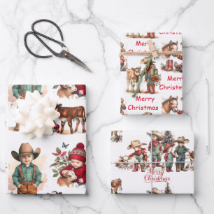 Cowboy and Cowgirl Kids Country Christmas Wrapping Paper Sheets