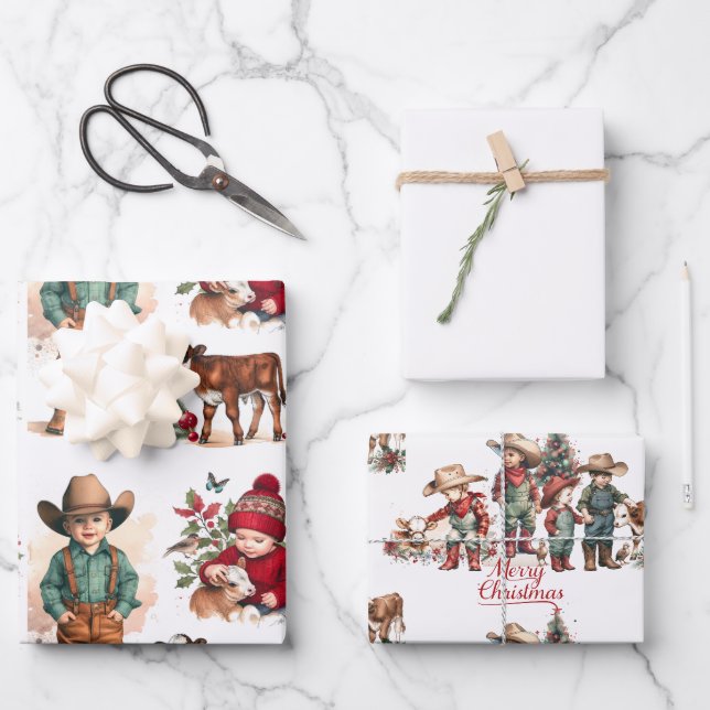 Cowboy and Cowgirl Kids Country Christmas Wrapping Paper Sheets (Front)