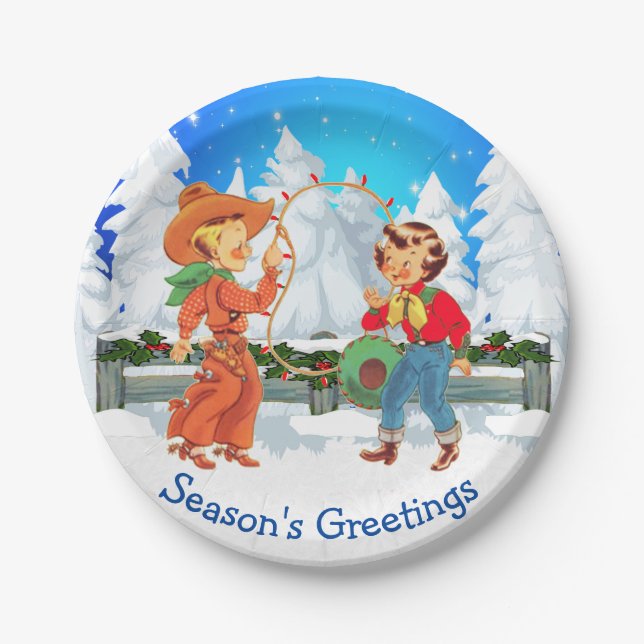 Cowboy And Cowgirl Kids Winter Scene Rope Lights Paper Plates (Front)