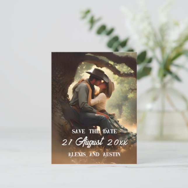 Cowboy and Cowgirl Kissing Save the Date Postcard (Standing Front)