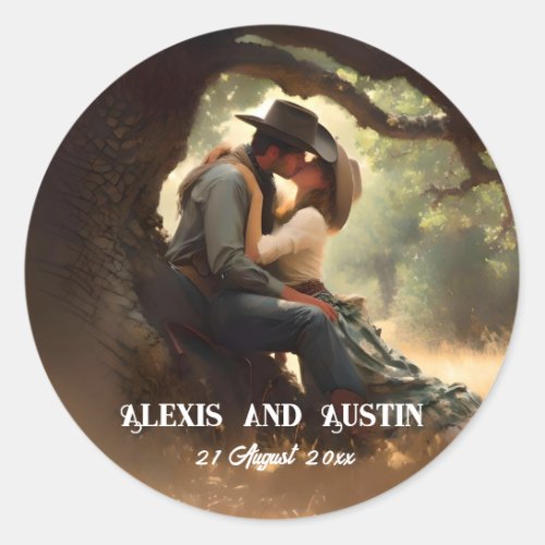 Cowboy and Cowgirl Kissing Wedding Classic Round Sticker