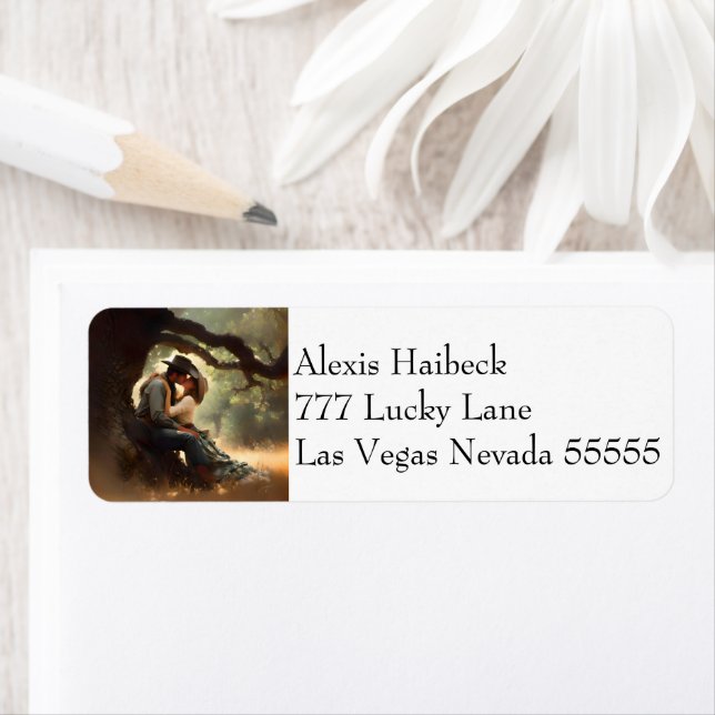 Cowboy and Cowgirl Kissing Wedding Label (Insitu)