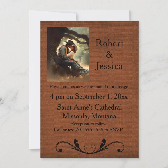 Cowboy and Cowgirl Kissing Western Wedding Invitation (Front)