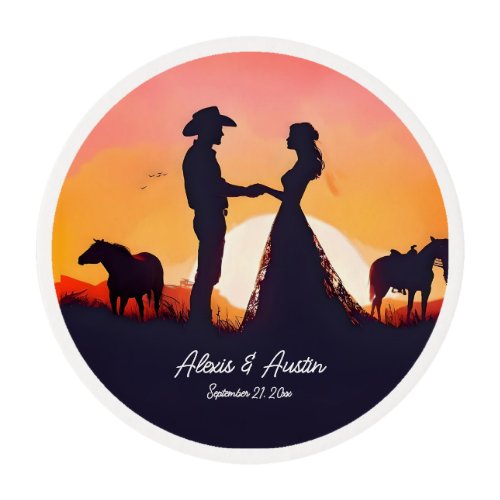 Cowboy and Cowgirl Wedding in Silhouette Edible Frosting Rounds