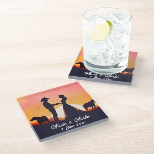 Cowboy and Cowgirl Wedding in Silhouette Glass Coaster