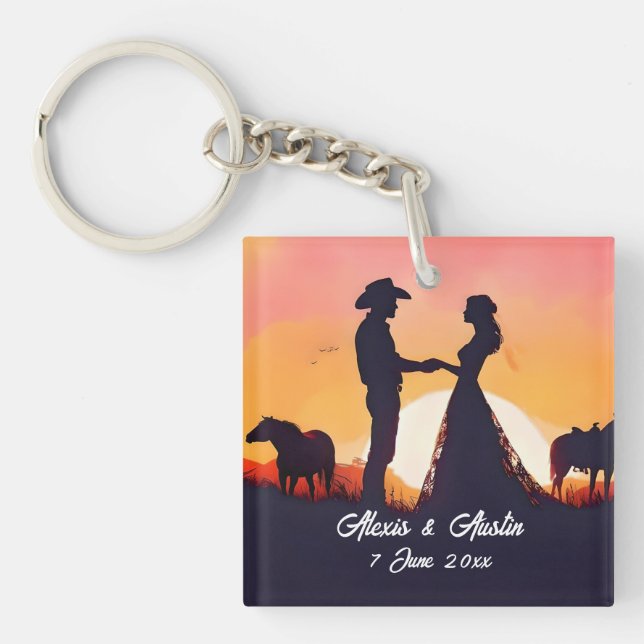 Cowboy and Cowgirl Wedding in Silhouette Keychain (Front)