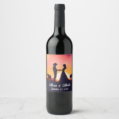 Cowboy and Cowgirl Wedding in Silhouette Wine Label