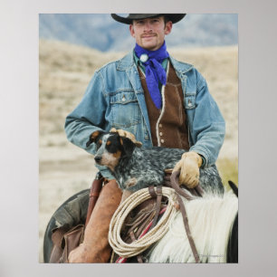 Cowboy and dog on horse poster