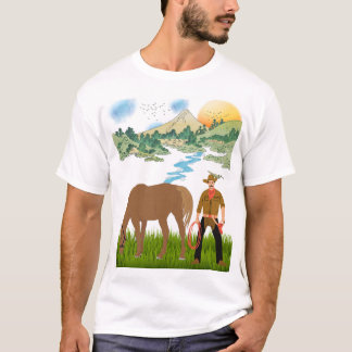 Cowboy and Grazing Horse Mountain Landscape T-Shirt