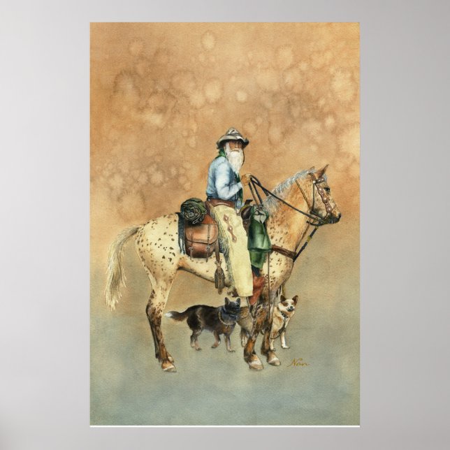 Cowboy and his Appaloosa watercolor painting Poster (Front)