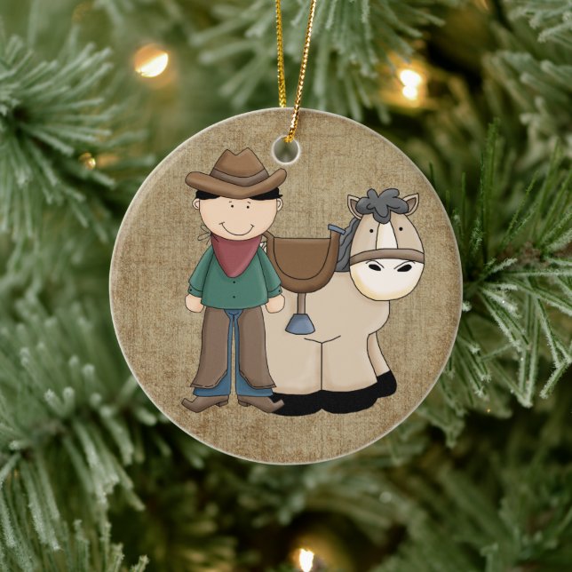 Cowboy and His Pony and Sheriff Badge Ceramic Ornament (Tree)