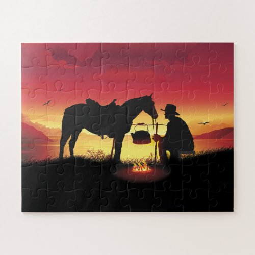 Cowboy and Horse at Sunset 56 Large Pieces Puzzle