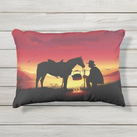 Cowboy And Horse At Sunset Outdoor Accent Pillow