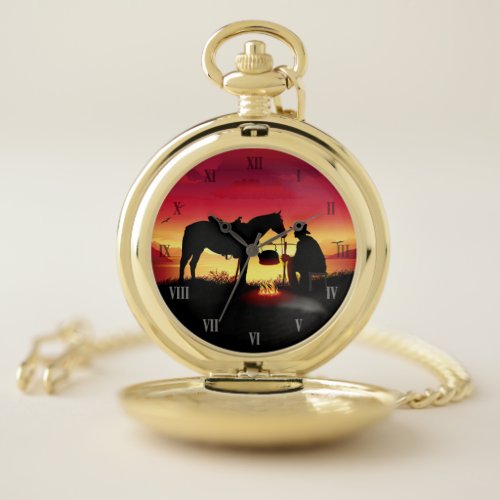 Cowboy and Horse at Sunset Pocket Watch