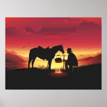 Cowboy And Horse At Sunset Poster by PrettyPosters at Zazzle