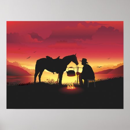 Cowboy And Horse At Sunset Poster