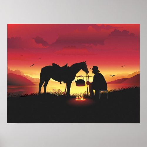 Cowboy and Horse at Sunset Poster