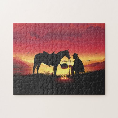 Cowboy and Horse at Sunset Puzzle