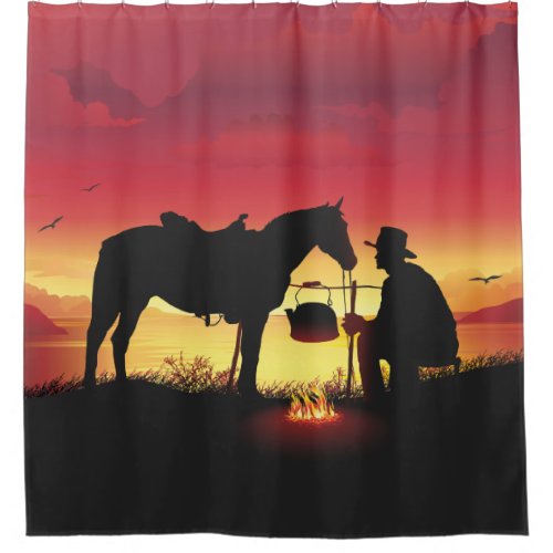 Cowboy and Horse at Sunset Shower Curtain