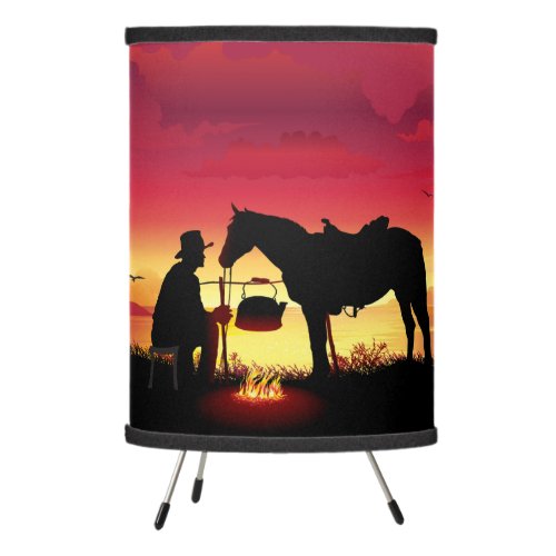 Cowboy and Horse at Sunset Tripod Lamp