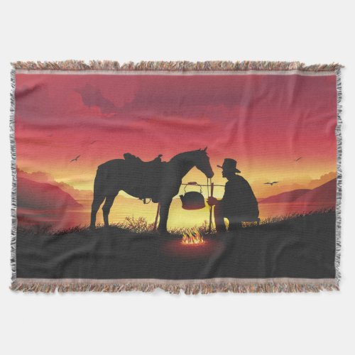 Cowboy and Horse at Sunset Woven Throw Blanket