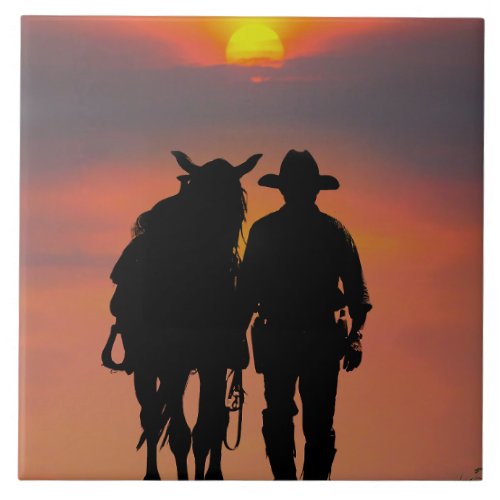Cowboy and Horse Country Western Ranch Sunset  Ceramic Tile