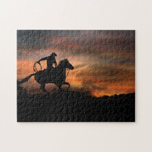 Cowboy and Horse Riding Sunset Jigsaw Puzzle